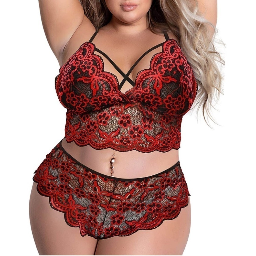 NWT 2pc Sexy Lace Bralette Bra Cheeky Panty Set 2XL Black Red
